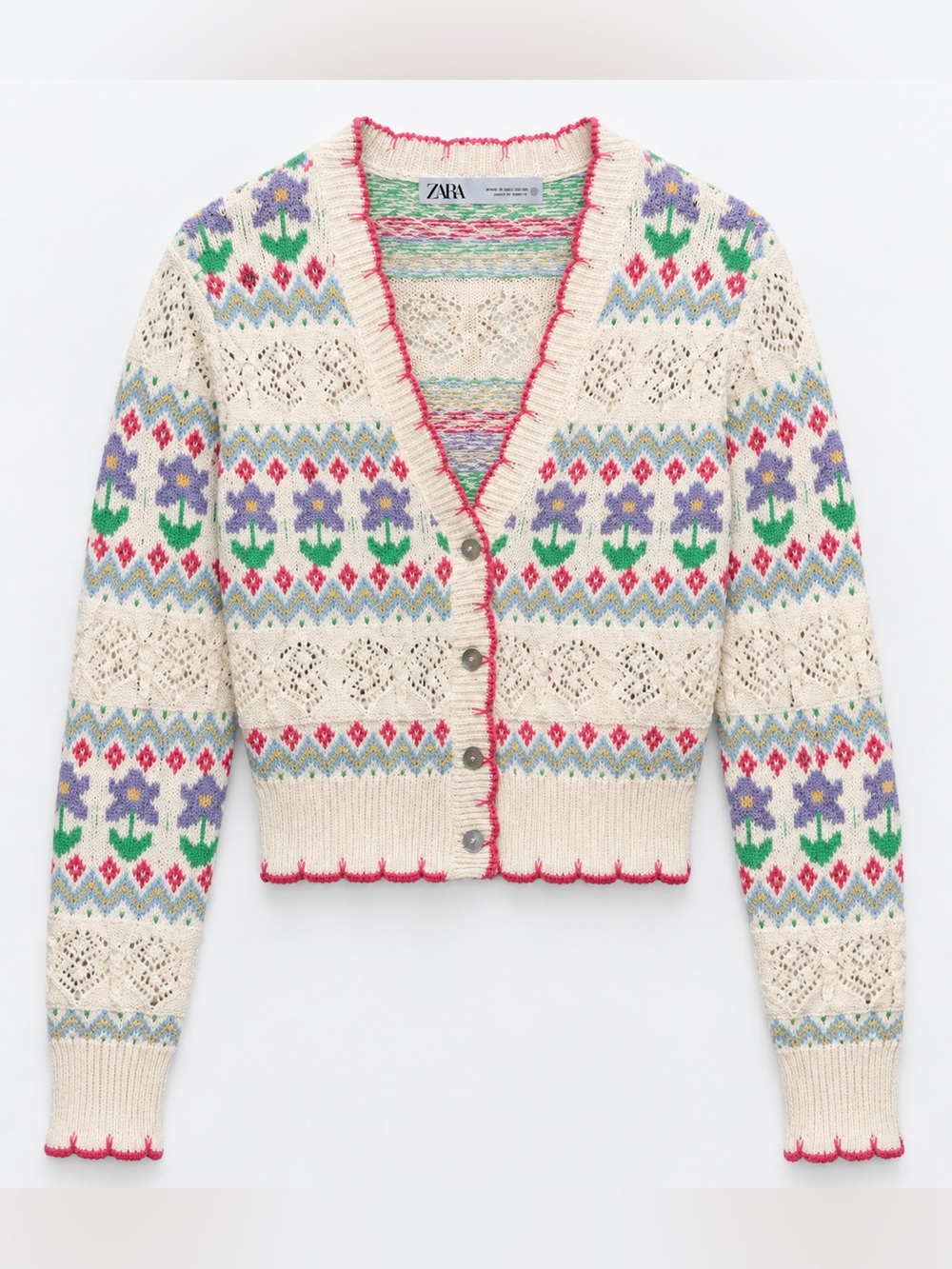 Zara Tulip Floral Fair Isle Pointelle Knit Cardigan Sweater Pink Trim M